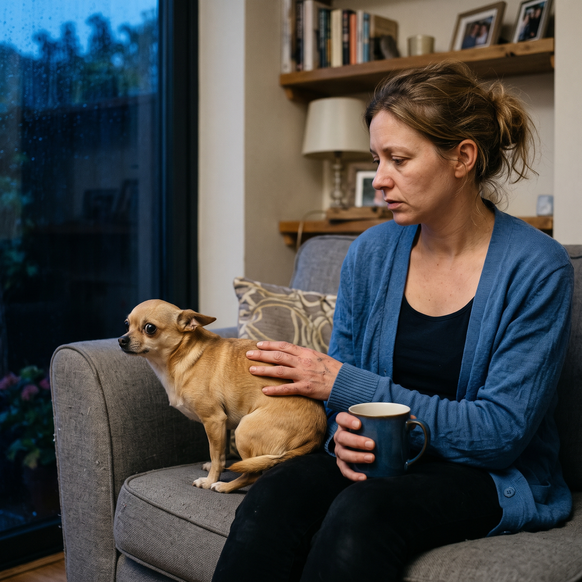 A tired woman comforts a small Chihuahua pressed against her leg on a sofa on a cold evening