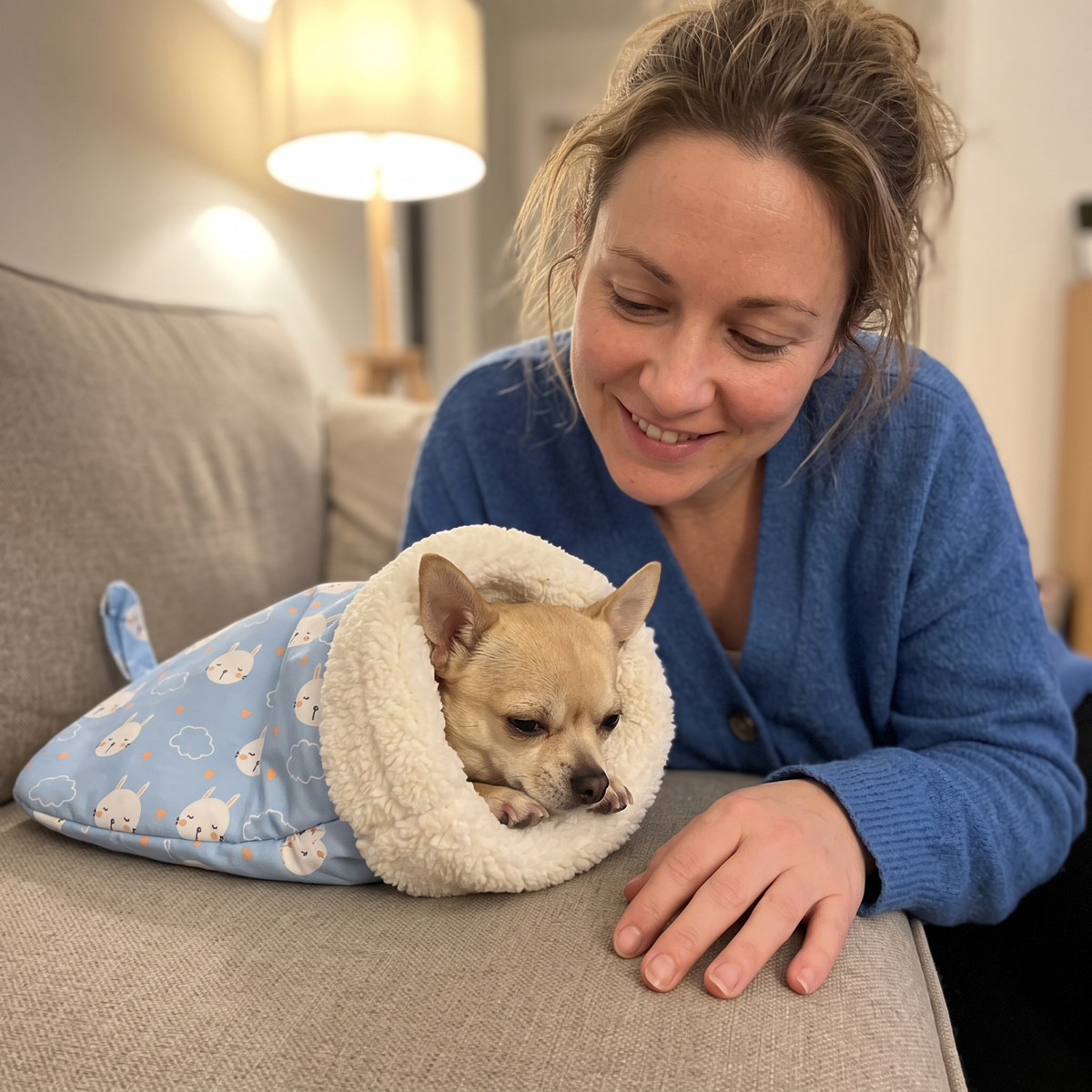 A Chihuahua resting inside a blue fleece-lined pouch bed while its owner smiles at it